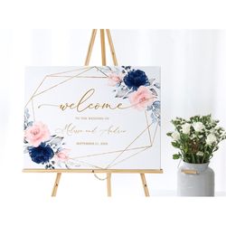 Blush Pink & Navy Floral Wedding Welcome Sign, EDITABLE Template, Printable Boho Welcome Poster, Gold Frame Calligraphy