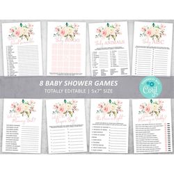 Rose Flower Baby Shower Game Set, EDITABLE, Printable Boho Games Bundle, Girl Party Activities Pack, Blush Pink Brunch,