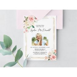 Blush Pink Funeral Invitation Template, EDITABLE, Printable Announcement, Floral Memorial Service, Celebration of Life,