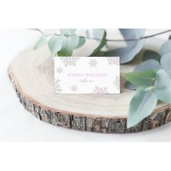 Winter Shower Place Card, EDITABLE Template, Printable Pink & Silver Snowflakes Name Cards, Christmas Seating Cards, Bab