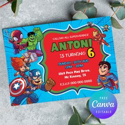 Superheroes Birthday Invitation, ANY AGE Birthday Superheroes Invitation Comic style Canva Editable Instant Download