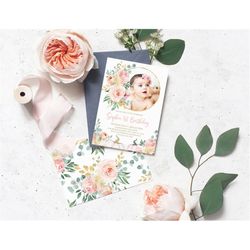 Blush Pink & Pumpkin Baby's First Birthday Party Invitation, EDITABLE Template, Floral Printable 1st Birthday Invite, Go