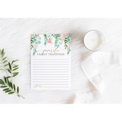 Family Traditions Note Cards, Greenery Share Your Favorite Family Traditions, Green & Pink Floral Write Down Your Tradit