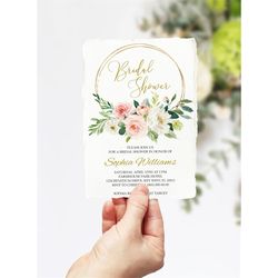 Floral Bridal Shower Invitation, EDITABLE Template, Printable Blush Pink Rose Brunch Invite, Gold Wreath Flowers, Boho,
