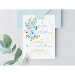 Blue Floral Baptism and Baby's First Birthday Party Invitation, EDITABLE Template, Blue Rose & Gold Printable Invite, Bo