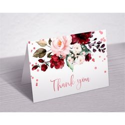 Marsala & Rose Gold Thank You Card, Printable Floral Thank You Note Card, Burgundy Blush Flowers Thank You Card, Baby Sh