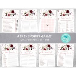 Marsala & Rose Gold Baby Shower Game Set, 100 EDITABLE, Burgundy Games Bundle, Printable Girl Brunch Activities Pack, IN