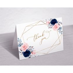 Blush Pink & Navy Floral Thank You Card, Printable Thank You Note Card, Blue Rose Flowers Thank You Card, Boho Baby Show