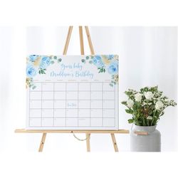 Blue Floral Baby Due Date Prediction Calendar, EDITABLE Template, Printable Boho Blue Rose Flowers & Gold Baby Shower, B