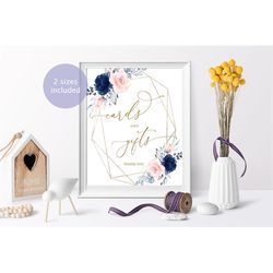 Blush Pink & Navy Floral Cards and Gifts Sign, Printable Boho Flowers Girl Baby Shower Template, Blue Rose Bridal Brunch