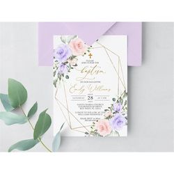 Blush Pink & Violet Flowers Baptism Invitation, EDITABLE Template, Boho Purple Floral Girl Printable Christening Invite,