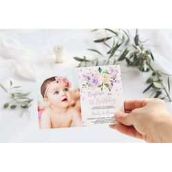 lavender cream baptism & baby's first birthday invitation, editable template, printable photo 1st birthday invite, rose