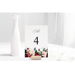 Burgundy & Blush Wedding Table Numbers, EDITABLE Template, Printable Floral Seating Cards, Marsala and Navy Roses Bridal