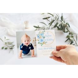blue floral baptism and baby's first birthday invitation, editable template, printable photo 1st birthday invite, boho g