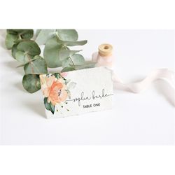 Peach Rose Place Cards, EDITABLE Template, Printable Coral Floral Place Card, Boho Seating Name Card, Bridal, Baby Showe