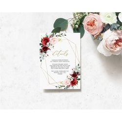 Marsala & Blush Pink Floral Details Card, EDITABLE Template, Printable Insert Card, Burgundy Red Flowers Bridal Shower,
