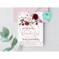 Marsala & Rose Gold Baby's First Birthday Party Invitation, EDITABLE, Printable 1st Birthday Invite Template, Floral Isn