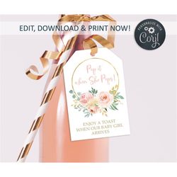 Blush Pink Baby Shower Wine Tags Template, Boho - 100 Editable Champagne Bottle Tag, 2x3', Printable Pop When She Pops,
