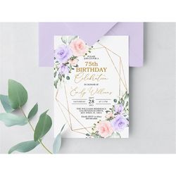 Blush Pink & Violet Flowers 75th Birthday Invitation, EDITABLE Template, Women Floral Printable Birthday Invite, Any Age