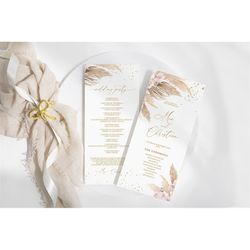 Pampas Grass Wedding Program, EDITABLE Template, Printable Boho Gold Confetti & Pink Rose Program, Floral Calligraphy, I