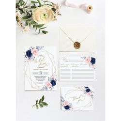 Blush Pink & Navy Floral Bridal Shower Invitation Set, EDITABLE Template, Printable Brunch Invite Suite, Gold Frame Bund