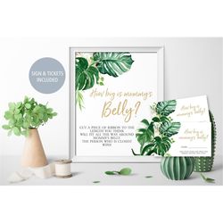 Tropical Greenery How Big is Mommy's Belly Game, Printable Baby Shower Game Sign and Answer Cards, Green Leaf Neutral, I
