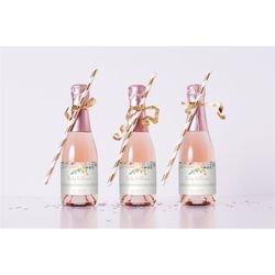 boho baby shower wine label, editable, printable mini champagne bottle label template, blush pink floral girl baby showe
