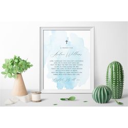 Baptism Prayer Sign for a Boy, 100 Editable Template, Personalized Prayer Card, Blue Watercolor Printable Christening, I
