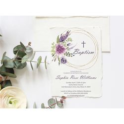 Lavender Baptism Invitation, EDITABLE Template, Floral Christening Invite, Printable Girl Dedication, Purple Communion,