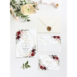 Marsala & Blush Pink Floral Bridal Shower Invitation Set, EDITABLE Template, Printable Brunch Invite Suite, Gold Frame C