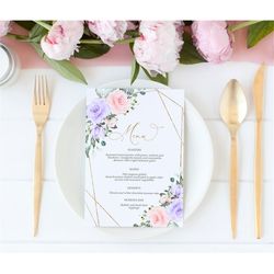 Blush Pink & Violet Flowers Menu, EDITABLE Template, Printable Boho Floral Wedding, Purple Bridal Brunch, Gold Baby Show