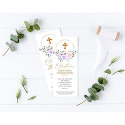 First Holy Communion Bookmark Template, EDITABLE, Blush Pink & Violet Flowers Bookmark Keepsake, Printable Christening F