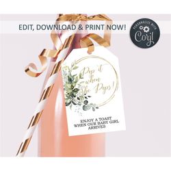 greenery baby shower wine tags template, editable champagne bottle tag, 2x3', floral green printable pop when she pops,