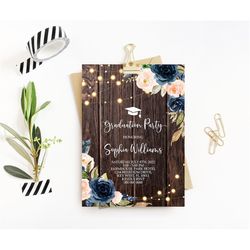 EDITABLE Rustic Floral Graduation Party Invitation Template, Printable Grad Party Invites, Navy Blue & Blush Pink Flower