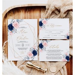 Blush Pink & Navy Floral Wedding Invitation Set, EDITABLE Template, Printable Blue Rose and Gold Frame Wedding Invite, R
