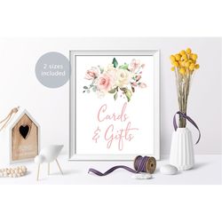 baby shower cards and gifts sign, blush pink floral printable cards & gifts sign template, boho girl baby shower sign, i