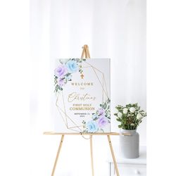 Blue & Purple Flowers First Communion Welcome Sign, EDITABLE, Lavender Rose and Gold Frame Baptism Poster, Printable Tem
