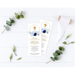 Navy Blue & Gold Floral First Communion Bookmark Template, EDITABLE, Floral Bookmark Keepsake, Printable Blue Rose Flowe