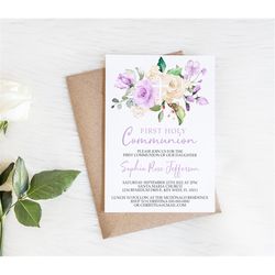 EDITABLE First Holy Communion Invitation Template, Lavender Floral Girl Dedication Invite, Printable Purple & White Rose