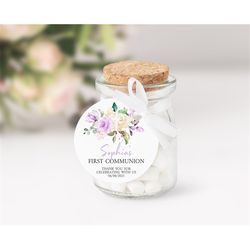 First Communion Thank You Tag, EDITABLE Template, Lavender Rose Flowers Round Favor Stickers, Purple & White Floral Bapt