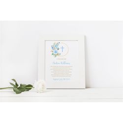 Baptism Prayer Sign for a Boy, 100 Editable Template, Personalized Card, Blue Floral Printable Dedication, Religious, IN