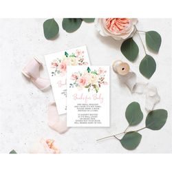 Boho Books for Baby Card, EDITABLE Template, Blush Pink Rose Flowers Printable Book Request Baby Shower, White Floral Bi