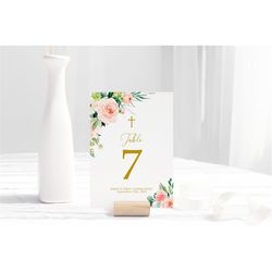 Floral Communion Table Numbers, EDITABLE Template, Printable Boho Blush Pink & White Flowers Baptism Seating Cards, Gold