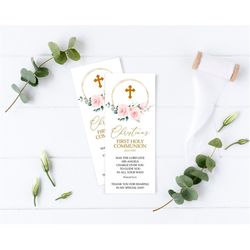 Blush Pink First Holy Communion Bookmark Template, EDITABLE, Floral Bookmark Keepsake, Printable Christening Favors, Gol