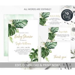 editable greenery baby shower invitation template, tropical printable baby shower invitation set, green and gold invite,