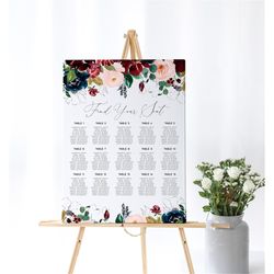 Burgundy & Blush Wedding Seating Chart, EDITABLE Template, Navy Floral Table Poster, DIY Printable Sign, Marsala Large W