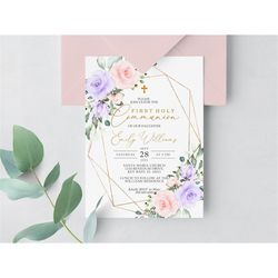 Blush Pink & Violet Flowers First Holy Communion Invitation, EDITABLE Template, Boho Floral Girl Printable Christening I
