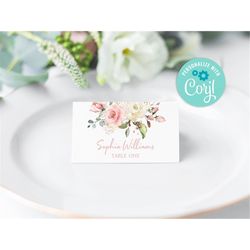 Editable Blush Pink Floral Place Cards, Printable Place Card Template, Boho Seating Card, Name Card, Bridal, Baby Shower