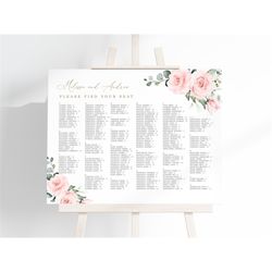 Blush Pink Flowers Alphabetical Seating Chart, EDITABLE Wedding Seating Chart Template, Pink Rose Floral Printable DIY W