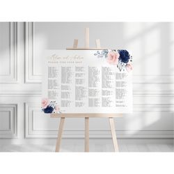 Blush Pink & Navy Floral Alphabetical Seating Chart, EDITABLE Wedding Seating Chart Template, Blue Floral Printable DIY